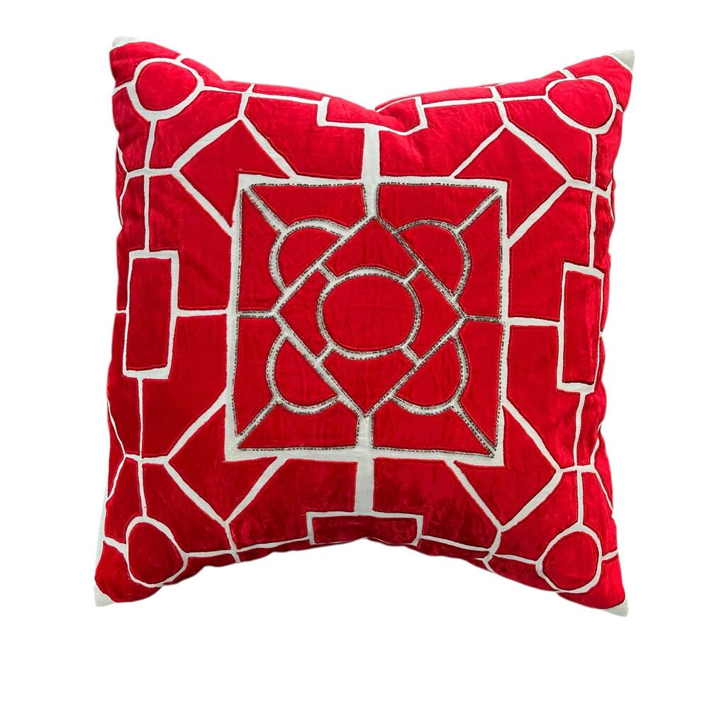 Callisto Home Luxury Pillow Red Velvet Center Silver Etching Center Feather Fill